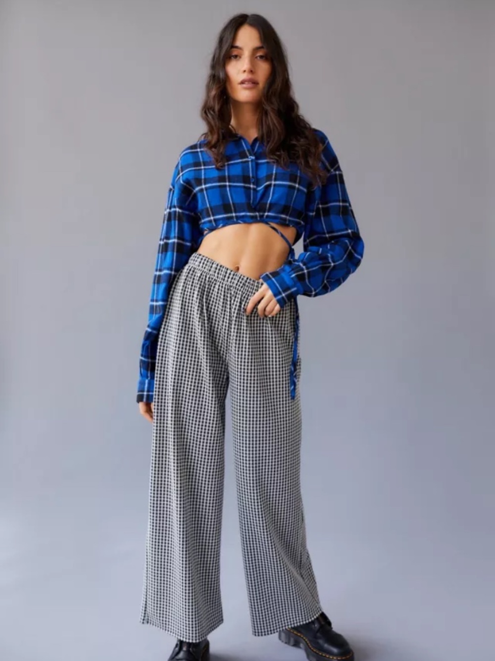 Lioness Hideaway Blue Plaid Cropped Wrap Tie Flannel Shirt - Picture 4 of 5